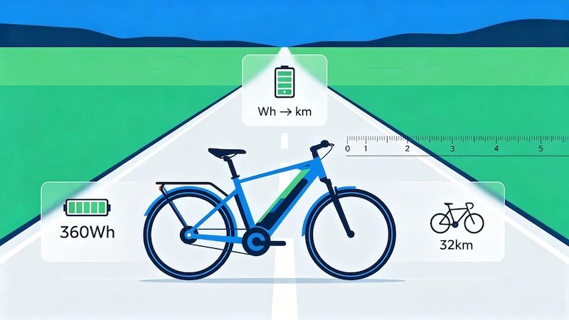 E-bike battery range calculation infographic showing formula Wh to km with battery icon and bicycle on road