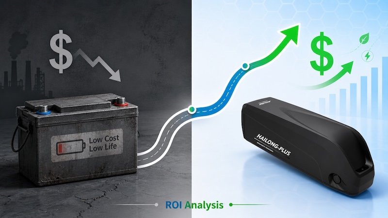 Split comparison showing lead acid battery vs lithium battery with ROI savings arrow for e-bike brands