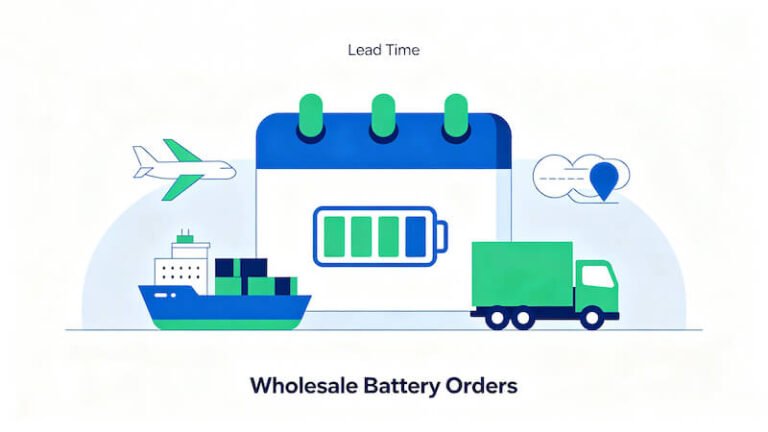 Infographic showing wholesale battery order lead time from order to delivery including production, sea freight, and customs clearance for e-bike brands
