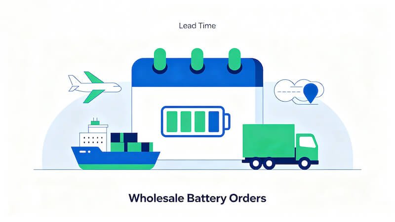 Infographic showing wholesale battery order lead time from order to delivery including production, sea freight, and customs clearance for e-bike brands